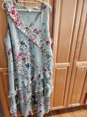 Coldwater Creek Light Green Floral Ruffle Midi Dress